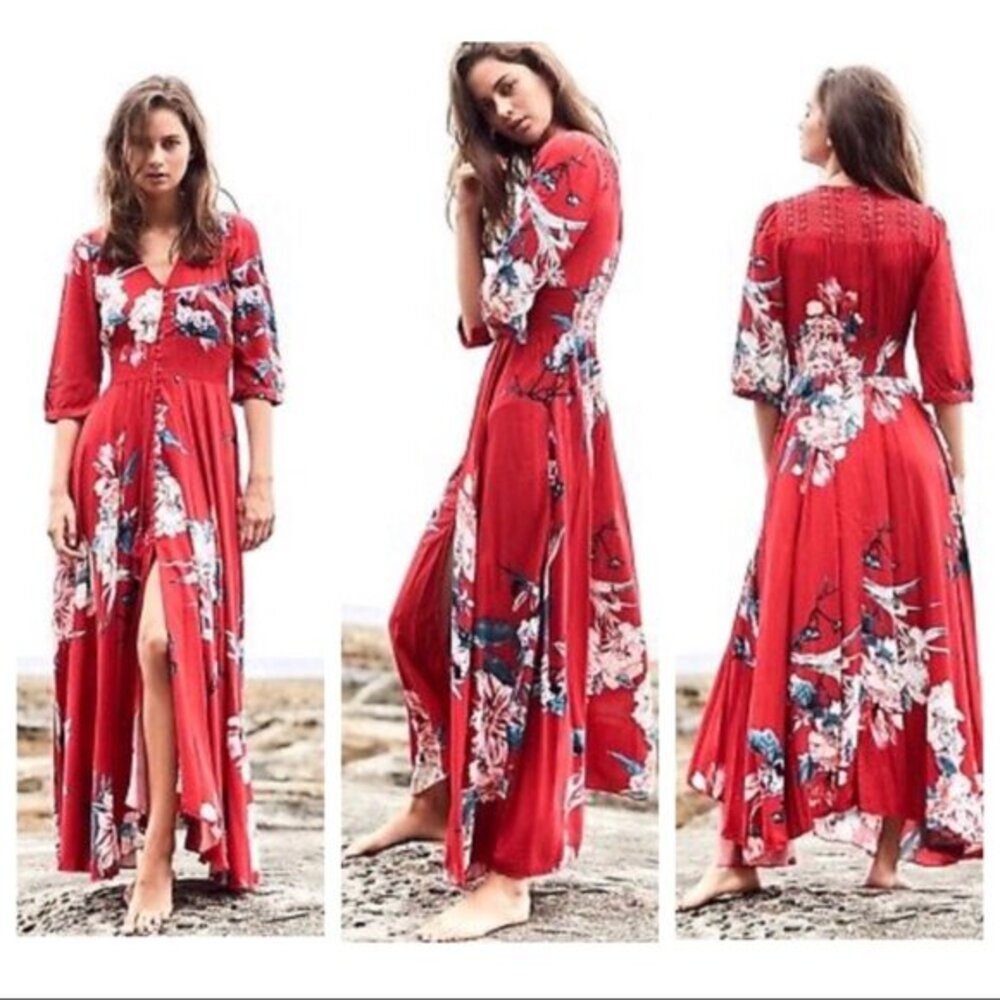 Jaase Red Floral Maxi Dress XS Indiana Carmen White V Neck Passion Long Sleeve